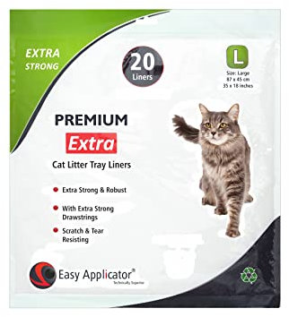 20 Extra Strong Thick Durable L (Large - 87 x 45 cm) Cat Litter Tray Liners with Extra Strong Drawstrings from Easy Applicator. For Medium and Large Trays + Boxes. Suitable for most types Cat Litter.