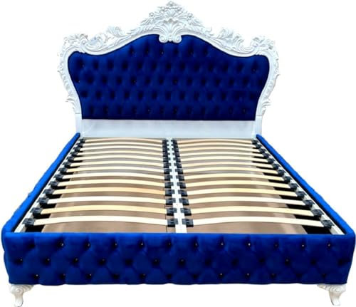Casa Padrino Luxus Barock Doppelbett Royalblau/Weiß - Prunkvolles Massivholz Bett mit Glitzersteinen - Barock Schlafzimmer Möbel