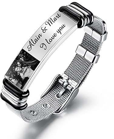 ALBERTBAND Personalisierte Armband mit Foto Gravur Schwarzer Stahl Typenschild ID Tag Mesh Band Verstellbares Armband für Männer Frauen Valentinstag Schmuck Geschenk