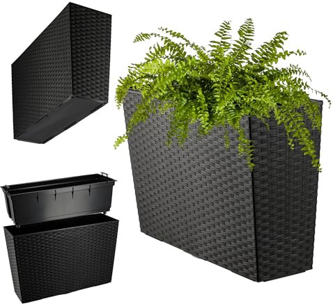 KADAX Jardinera de plástico, 18,5 x 55,7 cm, 5 colores, maceta con cintas de riego, jardinera para balcón con inserto, jardinera para exteriores, cubo de flores (rectangular, patrón de ratán, negro)