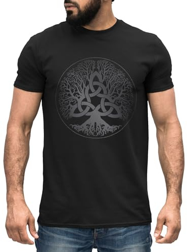 Neverless® Herren T-Shirt Yggdrasil Weltenbaum nordische Mythologie Asgard Götter Wikinger Kelten Germanen Schwarz-grau S
