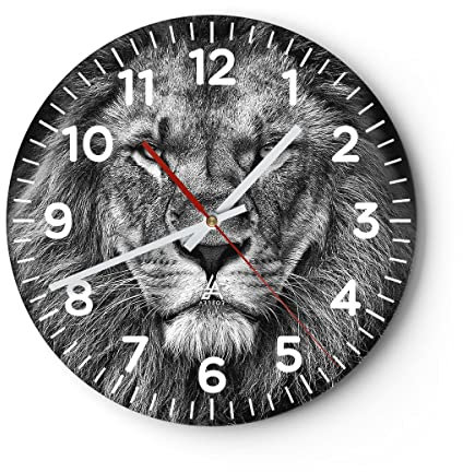 Modern Wanduhr Porträt Löwe Schwarzweiß 40x40cm Rund Groß Wand Uhr Glas Analog Zimmeruhren Küche Büro Wohnzimmer Glasuhr Wall Clock Dekoration Design Wanddekoration Küchenuhr C4AR40x40-4494