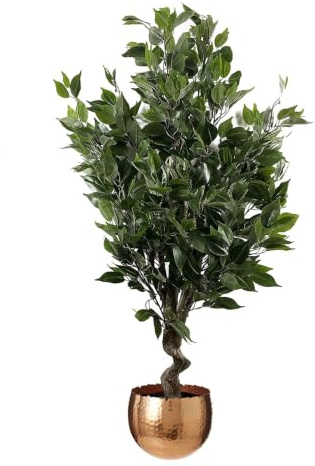 Leaf Artificial Indoor Tree with Planter, Mixed Materials, Evergreen Ficus Copper Curve, 110cm