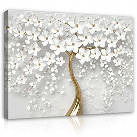 WallArena Leinwand Bilder - Blumen Baum gold weiß - 80x60 cm | Leinwandbilder, Bild auf leinwand, Wandbild XXL groß Wandbilder für Wohnzimmer Schlafzimmer Wohnzimmerbilder