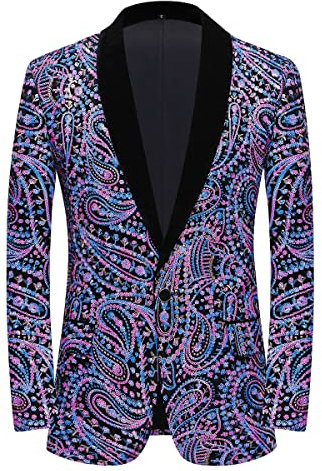PYJTRL Veste de Costume à Paillettes Brillantes pour Hommes Veste de Costume à Fleurs Classique à la Mode, adaptée aux fêtes, Mariages, banquets, bals,Multicolor,S
