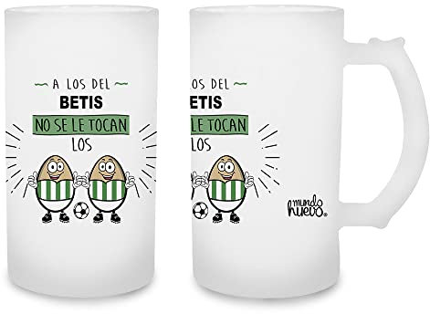 Jarra de cerveza A los del Betis no se le tocan los huevos. Cristal esmerilado de primera calidad AAA. 80 x 150 mm. 500 ml