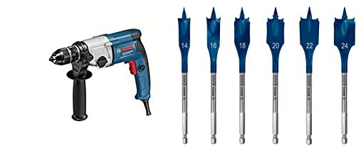 Bosch Professional Bohrmaschine GBM 13-2 RE (750 Watt, im Karton) + 6x Expert SelfCut Speed Flachfräsbohrer Set (für Weichholz, Grobspanplatte, Ø 14-24 mm, Zubehör)
