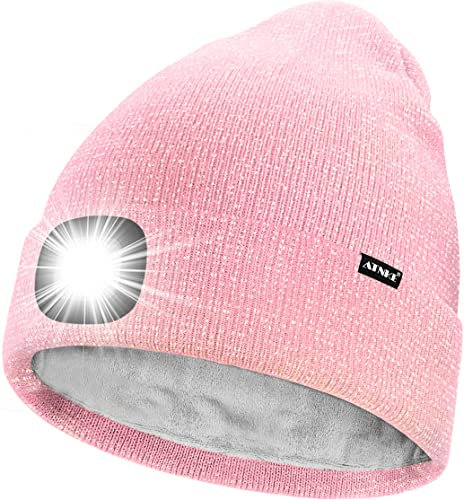 ATNKE LED Mütze mit Licht,Wiederaufladbare USB 4 LED Beleuchtete Laufmütze Extrem Heller Lampe Winter Warme Gefüttertes Fleece Stricken Mütze für Herren und Damen Geschenke/Pink Goldwire