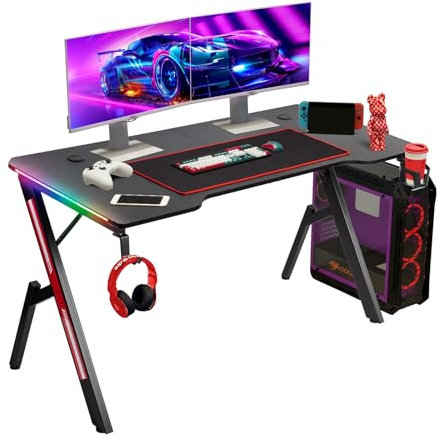 Todeco 140 x 60cm Tavolo Gaming LED, Grande Postazione, Scrivania Ergonomica Con Desktop in Fibra di Carbonio, Tappetino Per Mouse, Porta Bicchiere e Ganci per Cuffie