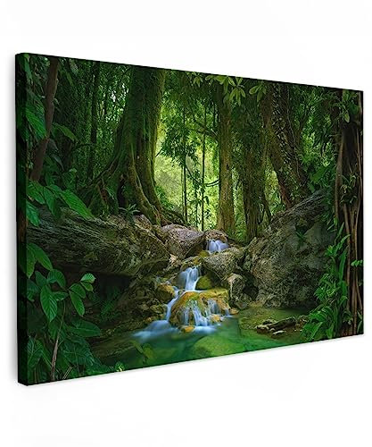 MuchoWow© Leinwand Bilder Groß 120x80 cm XXL Wanddeko Wohnzimmer Aesthetic Room Decor Deko Zimmer Wandbilder Modern Fotogeschenke Dschungel - Stein - Wasser - Natur - Grün - Pflanzen