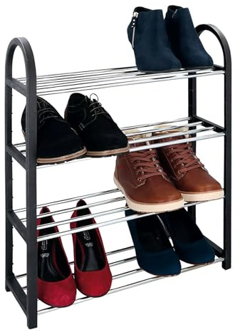 HOMELINE 613-401556 Schuhregal mit 4 Ablagen Schwarz-Silber Maße 64x18,4x49,7 cm
