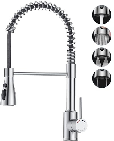 SREWOHS PRO Wasserhahn Spüle Küche mit Brause Armatur Hochdruck Herunterziehen Küchenarmatur Mischbatterie 360° Drehung,1 Loch Einzelgriff Wasserhahn mit 4 Sprühmodi (Modern, Nickel-s)