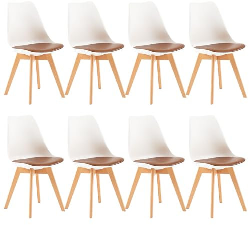 EGGREE 8er Set Esszimmerstühle mit Massivholz Buche Bein SGS Geprüfter, Skandinavisch Design Gepolsterter aus PU-Leder Küchenstuhl Essstühle, Weiß & Braun…