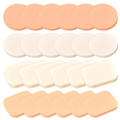 24 stycken makeupsvampar, runda pudertofsar, kvadratiskt pudertofs, våt och torr sminksvamp, lämplig för Bb-kräm, puder, primer (vit + hudfärg)