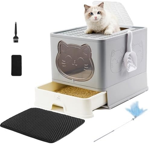 HelloMiao Caja de Arena para Gatos Completamente Cerrada con Tapa, Tipo de cajón, desodorizante, Grande, Plegable, con Pala de plástico para Mascotas