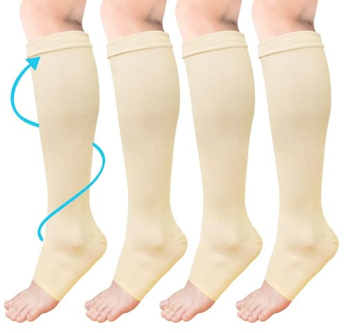 ACWOO Kompressionsstrümpfe für Damen Herren, 2 Paar Stützstrümpfe Medizinisch Kompressionssocken mit 15-20 Mmhg Thrombosestrümpfe, Open Toe Compression Socks für Laufen, Sport, Flug, Radsport(Beige)