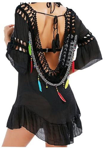 Jinsha Vestidos Verano Ropa Camisola de Pareos Kaftan Playa Playeros Sexy Tejidos Crochet Ganchillo Bikini Cover Up Baño Faldas Fiesta Vacacional Elegantes Trajes Sueltos Tops Mujeres Negro