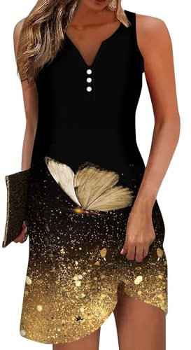 Sommerkleid Damen Elegante Kleider Damen Longbluse Damen Abendkleid Damen Strandkleid Damen Kleider Sommer Freizeit Swing Strandkleider Mit Taschen Maxikleid Kleider Ab 50 Jahre（3-Gold,XL）