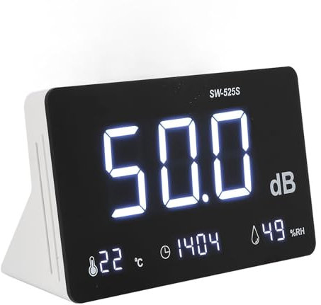 Dezibel Messgerät mit Aufzeichnung, 4 in 1 Schallpegelmessgerät für Lärm Dezibel Temperatur Luftfeuchtigkeit Zeitanzeige, dB Messgerät mit Akustischem Visuellen Alarm Schallpegelmesser