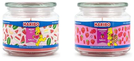 Haribo Duftkerzen im Glas mit Deckel | 2er Set Melon Mix & Strawberry Happiness (300g) | Kerzenset für Zuhause | Fruchtige Duftkerzen mit langer Brenndauer (50h)