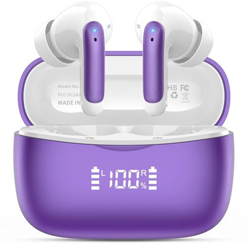 Cuffie Bluetooth, Auricolari Bluetooth 5.3 per iOS & Android, 56 Ore di Riproduzione, Stereo Hi-Fi Cuffie Antirumore con 4 HD Mics, LED Display Touch Control IP7 Impermeabili Cuffie Wireless, Viola