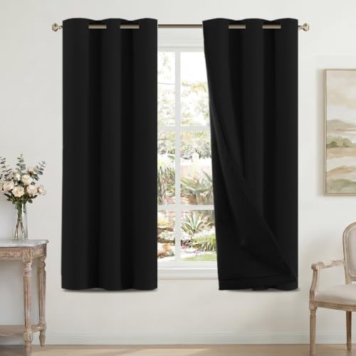 H.Versailtex 100% Blackout Curtains for Bedroom with Black Liner Eyelet Curtains for Living Room Full Room Darkening Thermal Insulated Window Drapes, 2 Panels, 46 x 54 Inch, Black