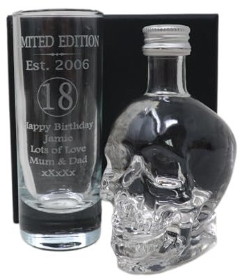 Regalo Personalised Laser Engraved Est 2006 18th Birthday Shot Glass Set with Miniature Alcohol Bottle Gift for Son or Daughter | Girls & Boys (Skull Vodka/No Gift Box)