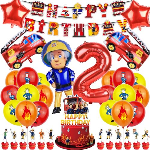 38 Stück Feuerwehr Geburtstag Deko, Feuerwehrmann Luftballons Partyset, Kindergeburtstag Luftballons mit Tortendeko, Feuerwehr Geburtstagsdeko für 2 Jahre Junge und Mädchen Party Dekoration