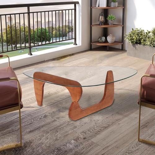 ZJFJMBD Table Basse Triangulaire Verre avec Base en Bois, Tables Basses Triangulaire Noyer pour Salon Salle D'éTude Bureau HôTel Table Basse Minimaliste Basse (82 x 57 x 40 cm)