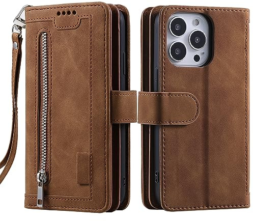 VEEMOS Wallet Case for iPhone 16 Pro Flip Case Leather Folio Protective Phone Cover with Kickstand Card Slots Zipper Pocket - Brown