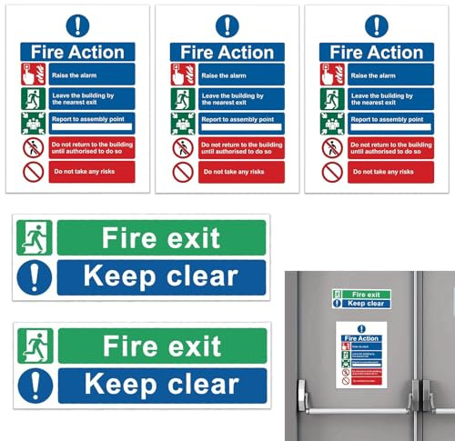 Fire Action Notice Sign Set of 5, Self Adhesive Fire Safety Signs, Fire Exit Sign, Evacuation Procedure, Report to Assembly Point, Comprehensive Fire Signage