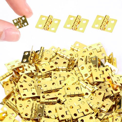 100 mini bisagras de 10 x 8 mm, plegables, de latón antiguo, con 400 tornillos, para modelismo, de latón, pequeñas bisagras para cajas de madera, para cajones, joyas, caja de madera (dorada)