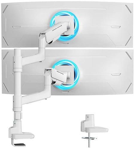 Dual Monitor Mount Vertical for 17-49 Inch Ultrawide Heavy Duty Curved Screen Stacking, Computer Arm Compatible with Samsung and LG Monitor, Gas Spring Adjustable Monitor Stand for Dual, White