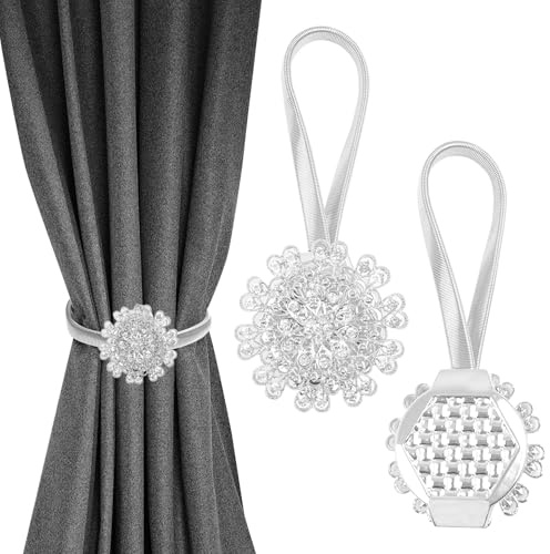2 Stück Kristall Raffhalter Magnetisch, Gardinenhalter Vorhangbinder | Kristall Raffhalter magnetisch ohne Bohren, Vorhangschnalle mit Strass, Feder 20-41cm(8-16in), für Schlafzimmer Wohnzimmer