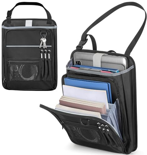 Luxja Organizer per Sedile Anteriore Auto con Tasca Portadocumenti a Fisarmonica, Portaoggetti Auto Sedile Organizer con Custodia per Laptop (Fino a 15,6) e Tracolla Regolabile, Nero