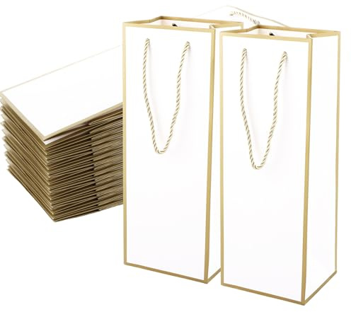 AKOLAFE 20PCS Bottle Gift Bag White Bottle Bag with Gold Trim Multipack Bottle Bags for Wine, 750ml Wine Gift Bag Bulk Cheap Tick Paper for Christmas, Birthday, Wedding, Party