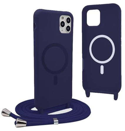 YFSYLL Funda Magnética para iPhone 11 Pro MAX con Cuerda, Compatible con MagSafe,Carcasa Silicona Case,Carga Inalámbrica,con Correa Colgante Ajustable Collar Cordón - Azul