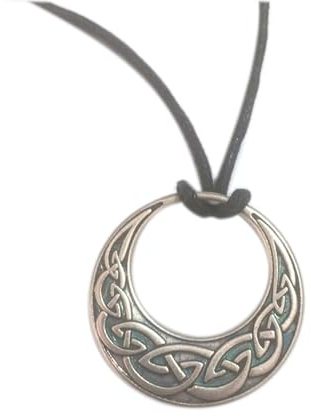 Wikinger Halskette mit Mond und keltischem Knoten aus versilbertem Metall, Anhänger Ø 3,5 cm, Symbol der Stärke und des Schicksals, handgefertigt, hergestellt in Italien, mit schwarzer Kordel und