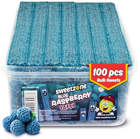 Sweetzone Blue Raspberry Belts Sweets Tub, Fizzy Halal Sweets Candy in Bulk, 1.1kg Tubs of Retro Pick and Mix, 100 Pcs of Fruity and Vibrant Gummy Strips, Chewy Fruity Treats for Everyone