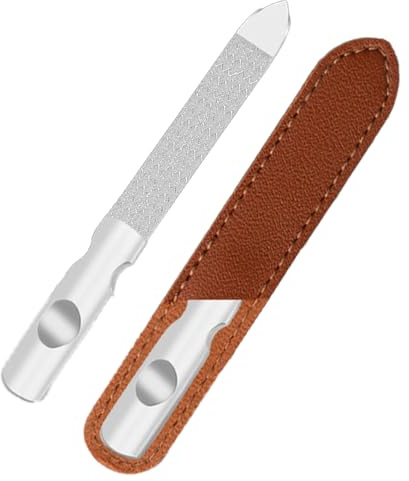 Lima de Uñas Profesional de Acero Inoxidable de Doble Cara,Grano Fino y Grueso,con Mango Antideslizante y Funda de Cuero,Limas Puntiagudas Lavables,para Manicura y Pedicura