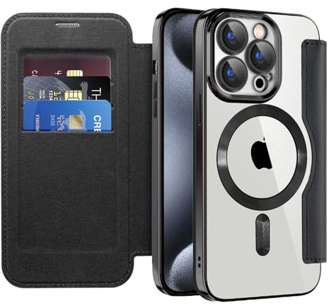 SIYOPINPFY Wallet Case for iPhone 15 Pro with Card Holder, Black JD | [Compatible with MagSafe] [RFID Blocking] Premium Flip Leather Card Slots Holder , Magnetic Clear Back Shockproof Phone Case