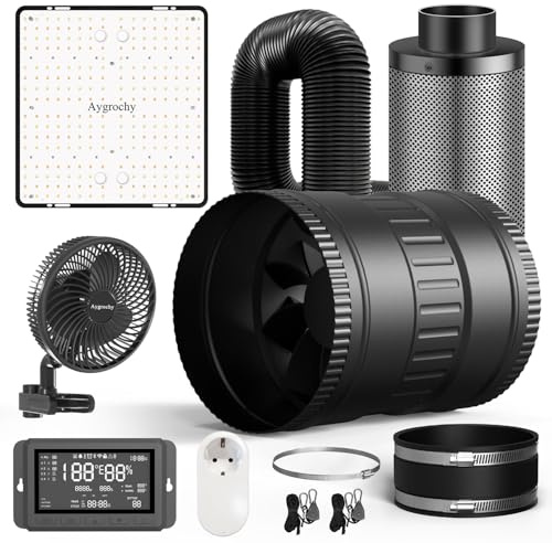 Aygrochy Growzelt Komplettset mit Central Integrated Controller. LED Grow Lampe 100W EVO, 150mm Rohrventilator mit Luftkohlefilter, Grow Ventilator, Smarte Steckdose und Abluftschlauch.