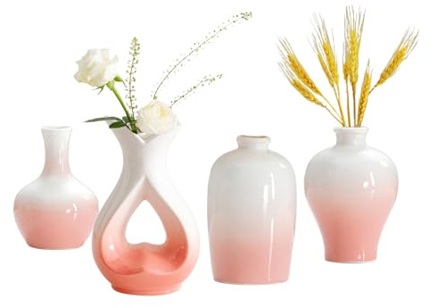 4pcs Pink White Kleine Keramik Vasen Moderne Bauernhaus Vase Dekorative Keramik für Bouquet Pampas Gras Getrocknete Frische Blumen Küche, Schlafzimmer, Bad, Eingang, Mittelstücke Home Decor Jarrones