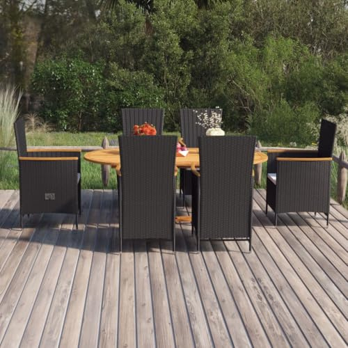 Qnhdfrt Garten Essgruppe Akazienholz Tisch PE Rattan Stühle Schwarz Cremeweiß 6 TLG Set mit Verstellbarer Lehne Outdoor Sitzgruppe für Terrasse Balkon Garten