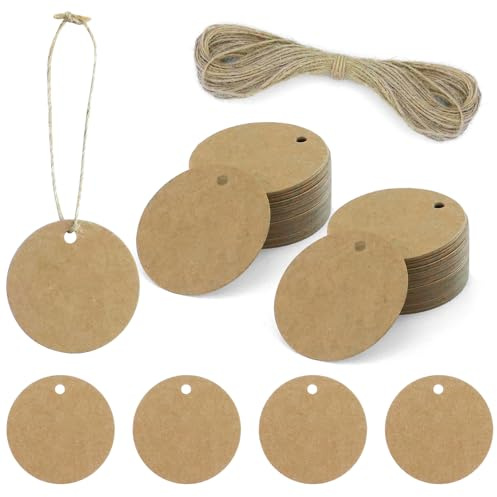 Geschenkanhänger Kraftpapier Etiketten, 300 Stück Kraftpapier Anhänger Papier, Runde 5cm Geschenkanhänger zum Beschriften mit Schnur 20M, Hängeetiketten für Geschenkverpackung,Hochzeit,Handmade(Brown)