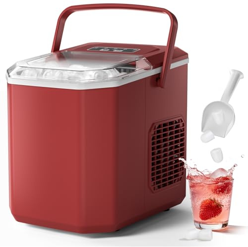 Machine à Glaçons, 12kg en 24h, 9 Glaçons en 6-8 Minutes, Rouge Machine a Glacons avec Cuillère à Glace Réversible et Poignée de Transport, pour la Maison/Cuisine/Camping