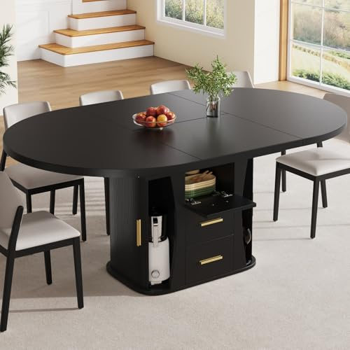 KOMHTOM Table à Manger Extensible, Table Pliante de Cuisine Salle à Manger, Table Ronde à Ovale 118-158 cm, Base de Rangement avec Tiroirs Intégrés, pour 6 Personnes, Bois (Noir+MDF)