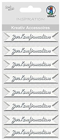 Ursus 564000147 - Kreativ Accessoires, zur Konfirmation, silber, 8 Stück, selbstklebend, aus verschiedenen hochwertigen Materialien, zum Verzieren und Dekorieren von Scrapbooking, Karten und Geschenke