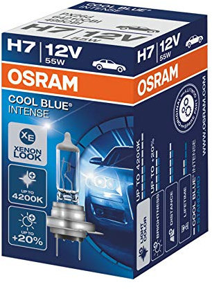 OSRAM COOL BLUE INTENSE H7, Scheinwerferlampe für Halogenscheinwerfer, Xenoneffekt für Weißlicht, 64210CBI, 12-V-Pkw, 1 Faltschachtel (1 Stück)