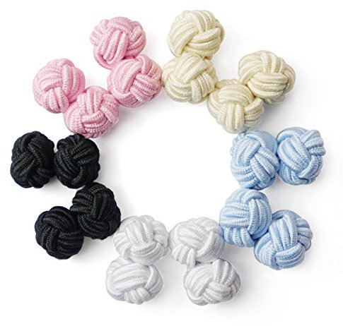 HONEY BEAR 5 Paar Herren/Damen Seide Stoff Knoten Seidenknoten Manschettenknöpfe Set (Gelb Weiß Blau ohne Box)